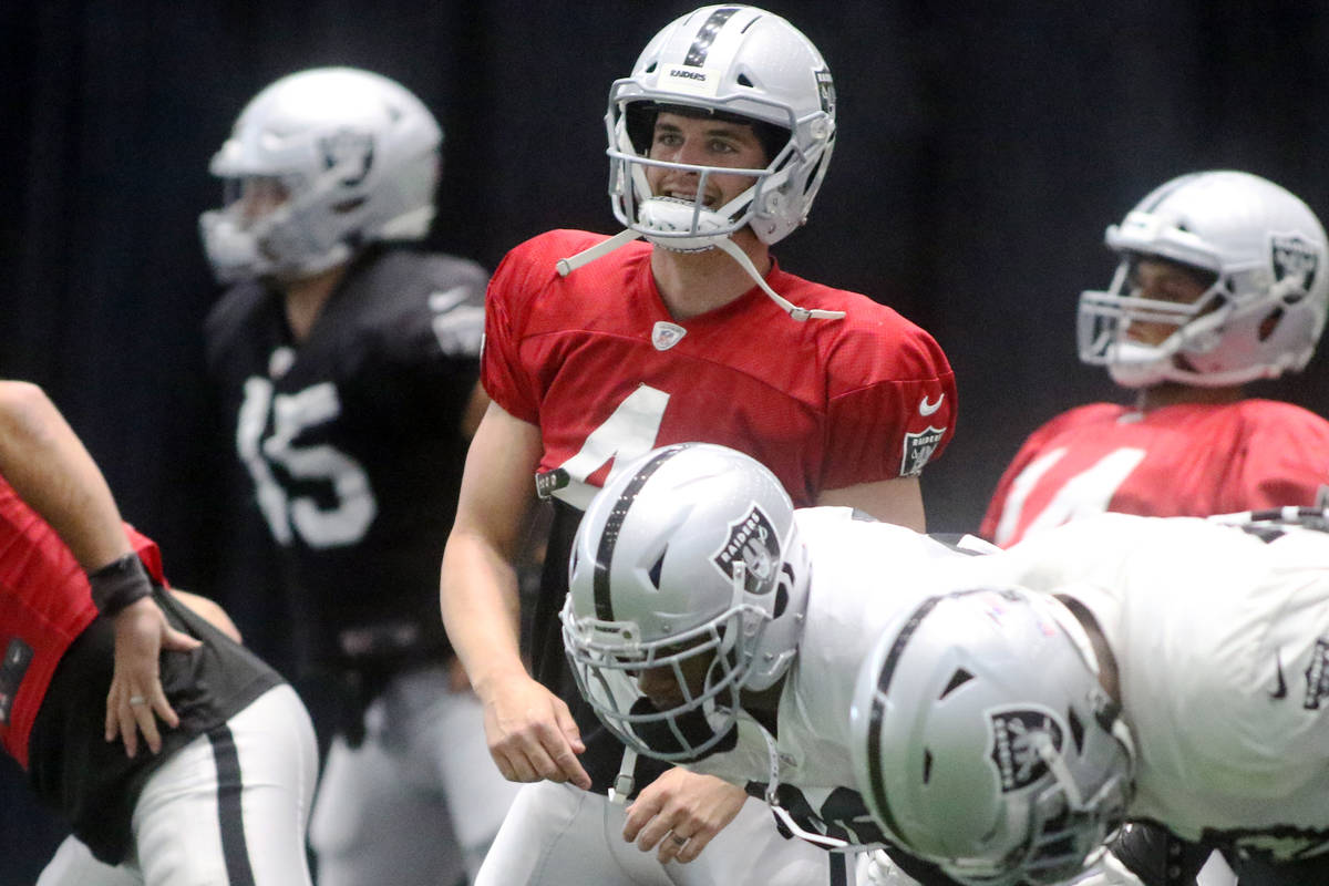 Las Vegas Raiders quarterback Derek Carr (4) stretches during a practice session at the team's ...