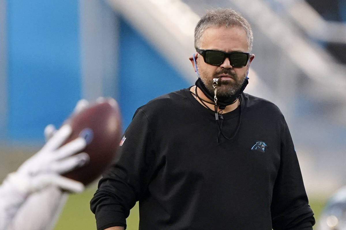 Carolina Panthers head coach Matt Rhule watches quarterback Teddy Bridgewater during an NFL foo ...