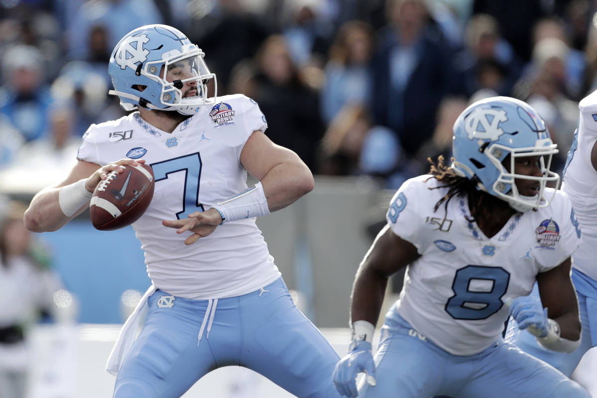 In this Dec. 27, 2019, file photo, North Carolina quarterback Sam Howell throws a touchdown pas ...