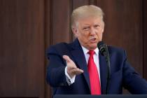 President Donald Trump speaks during a news conference on the North Portico of the White House, ...