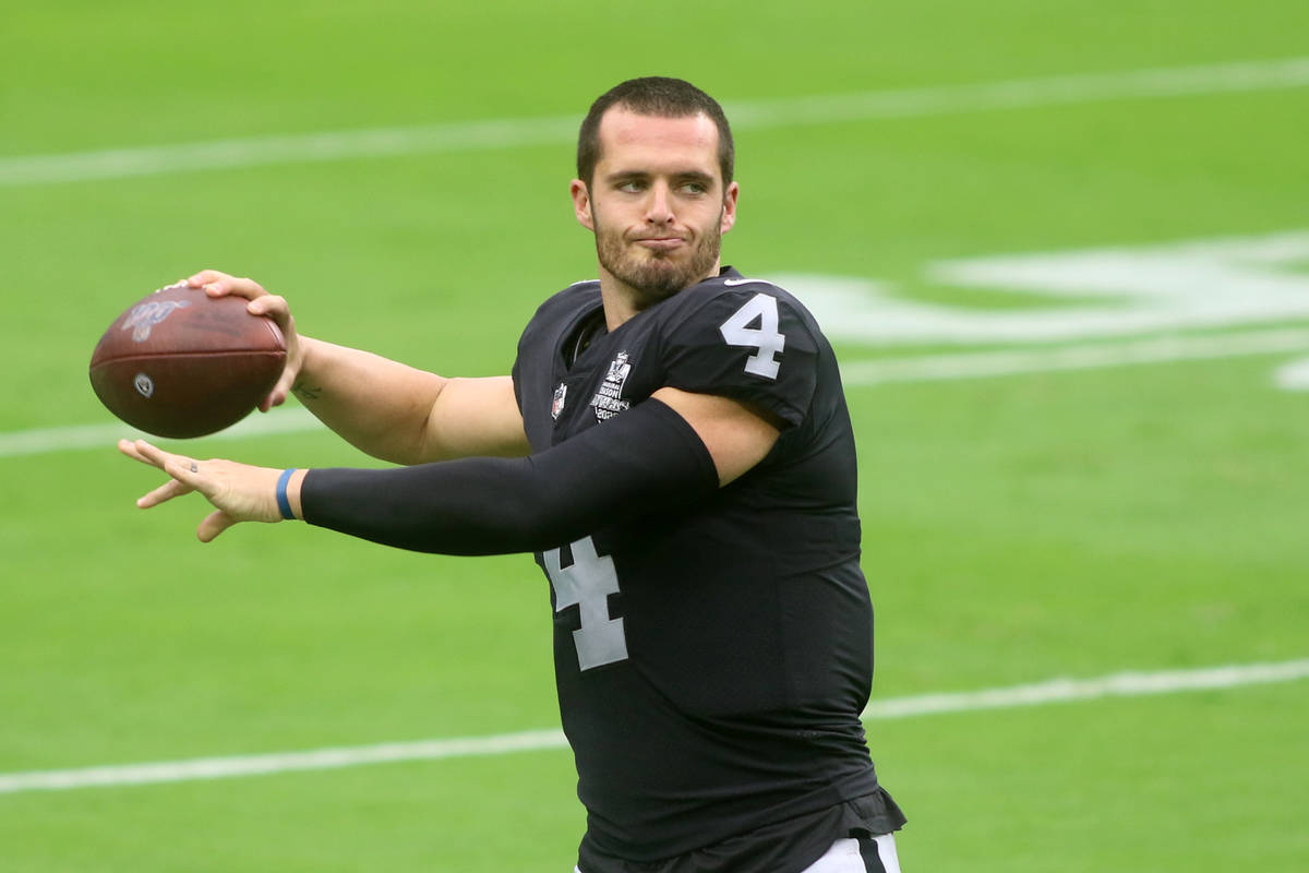 Las Vegas Raiders quarterback Derek Carr (4) throws the ball during a team practice at Allegian ...