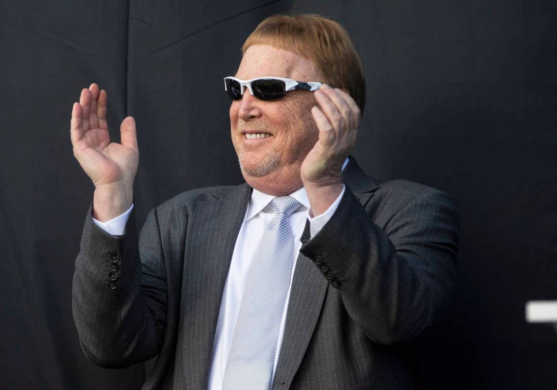 Raiders owner Mark Davis fires up the crowd during an event to officially announce Las Vegas as ...