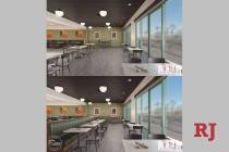 Top rendering shows COVID-compliant layout of the future Served Global Cuisine in Henderson; bo ...