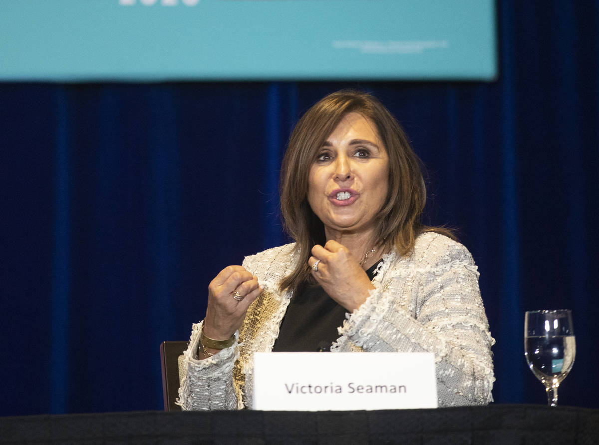 Las Vegas City Councilwoman Victoria Seaman speaks to President Donald Trump and the Latinos fo ...
