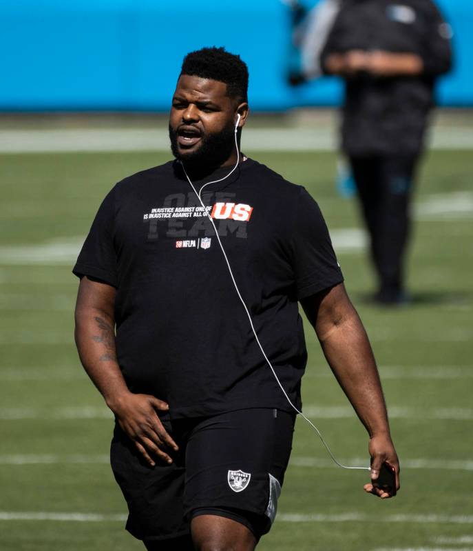 Las Vegas Raiders defensive tackle Maurice Hurst (73) warms up before the start of their NFL fo ...