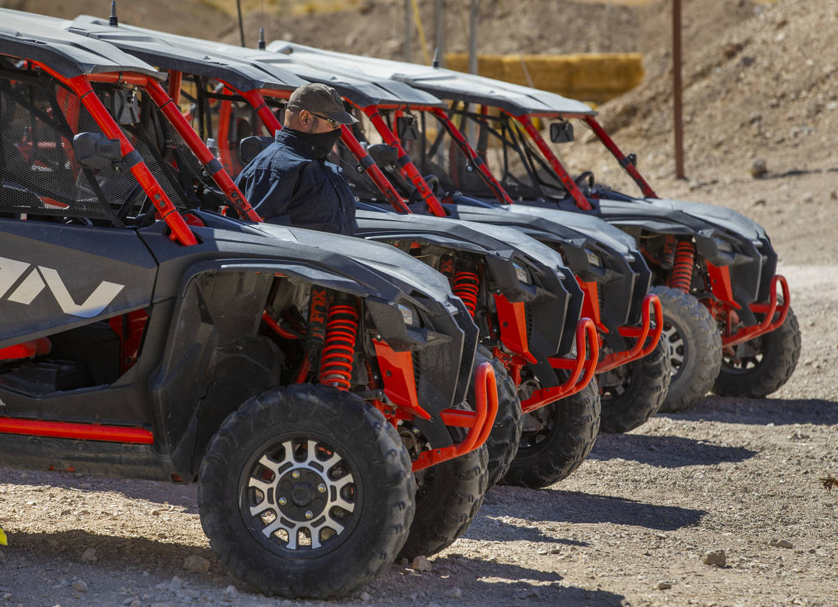 Honda Talons are lined up and ready for the dirt trails at Adrenaline Mountain, which offers nu ...
