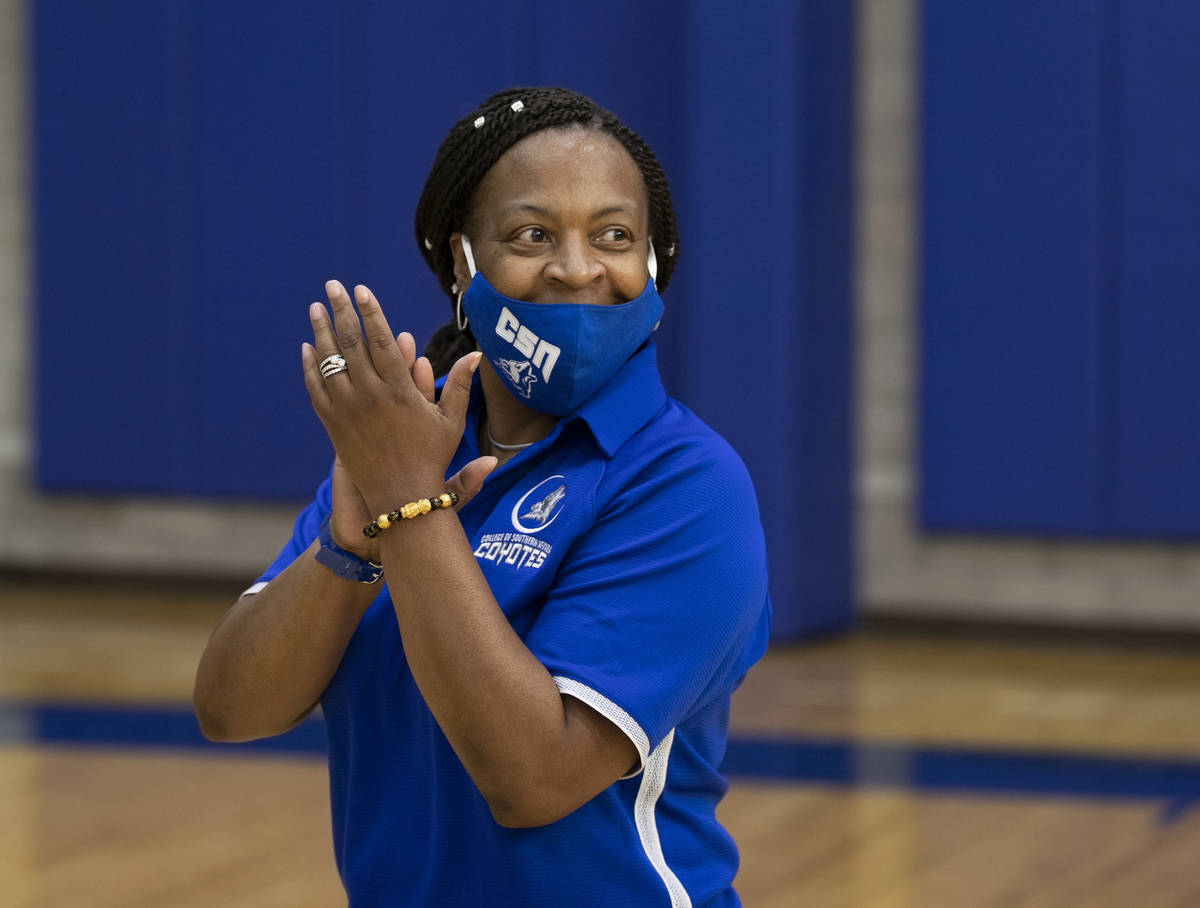 Dorothy Kendrick, head women's basketball coach at the College of Southern Nevada, works her pl ...