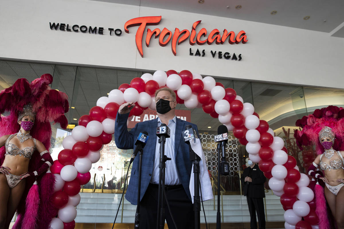 Mike Thoma, interim general manager of Tropicana Las Vegas, speaks during the reopening ceremon ...