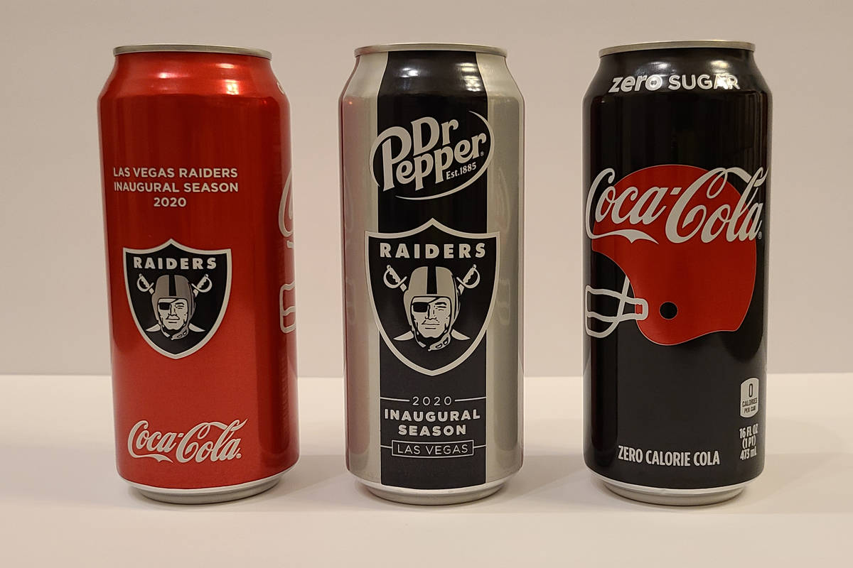 Las Vegas Raiders-branded Coca Cola and Dr. Pepper cans. (Rochelle Richards/Las Vegas Review-Jo ...