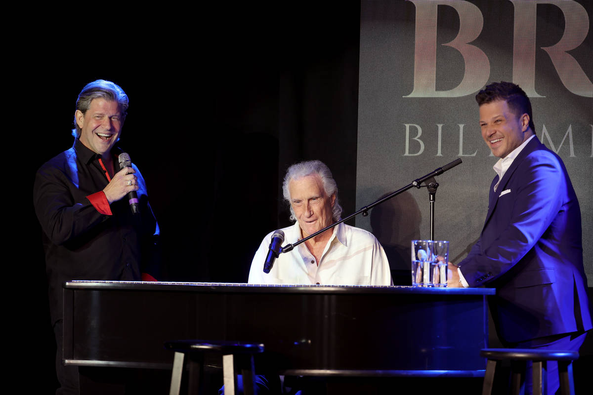 From left, Bucky Heard, Bill Medley and host Mark Shunock perform during a new streaming series ...
