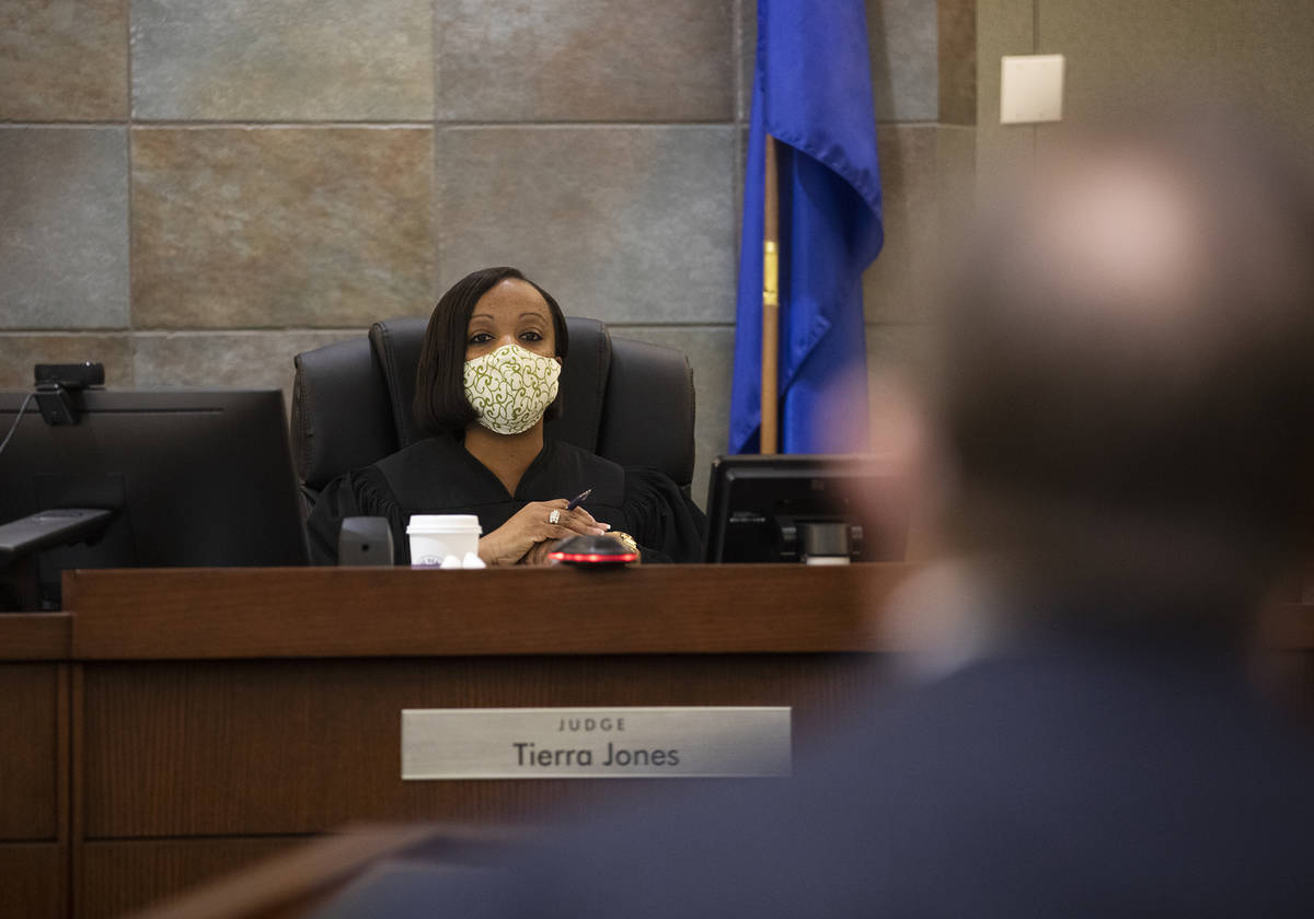District Judge Tierra Jones addresses attorneys during an evidentiary hearing for Alisha Burns, ...