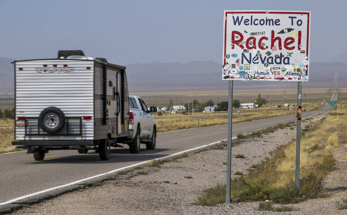 A vehicle travels along state Route 375 entering Rachel, which was much busier a year ago durin ...