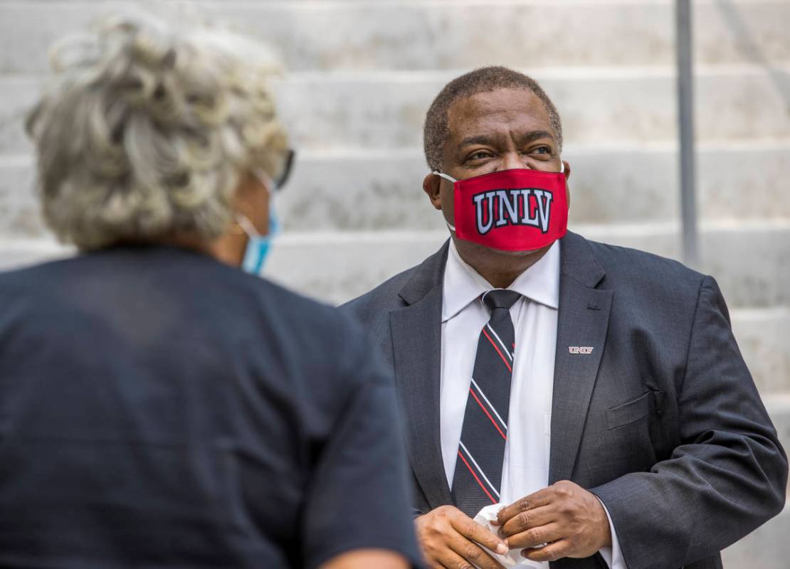 New UNLV president Keith Whitfield stops to chat for a minute while about campus on Friday, Sep ...