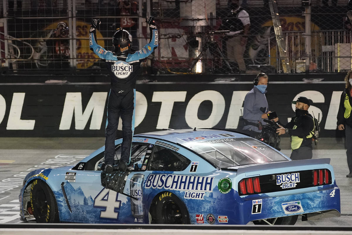 Kevin Harvick celebrates winning the NASCAR Cup Series auto race Saturday, Sept. 19, 2020, in B ...