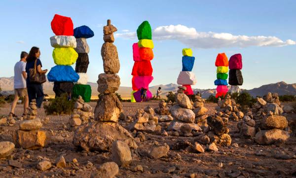 Rocks stacked by visitors mimic the Seven Magic Mountains near the newly renovated art installa ...