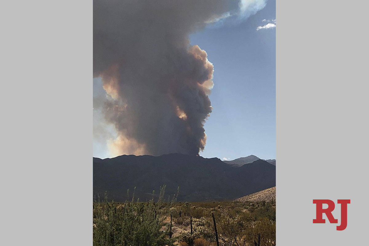 A fire started by lightning on Sept. 21, 2020, has burned 3,000 acres in the Virgin Mountains a ...