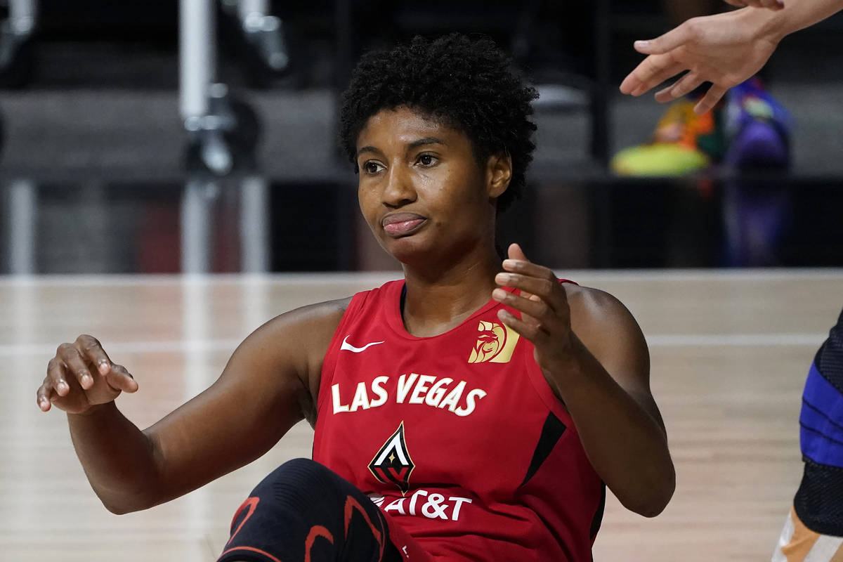 Las Vegas Aces forward Angel McCoughtry (35) reacts as she fouls out during the second half of ...