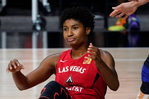 Las Vegas Aces forward Angel McCoughtry (35) reacts as she fouls out during the second half of ...