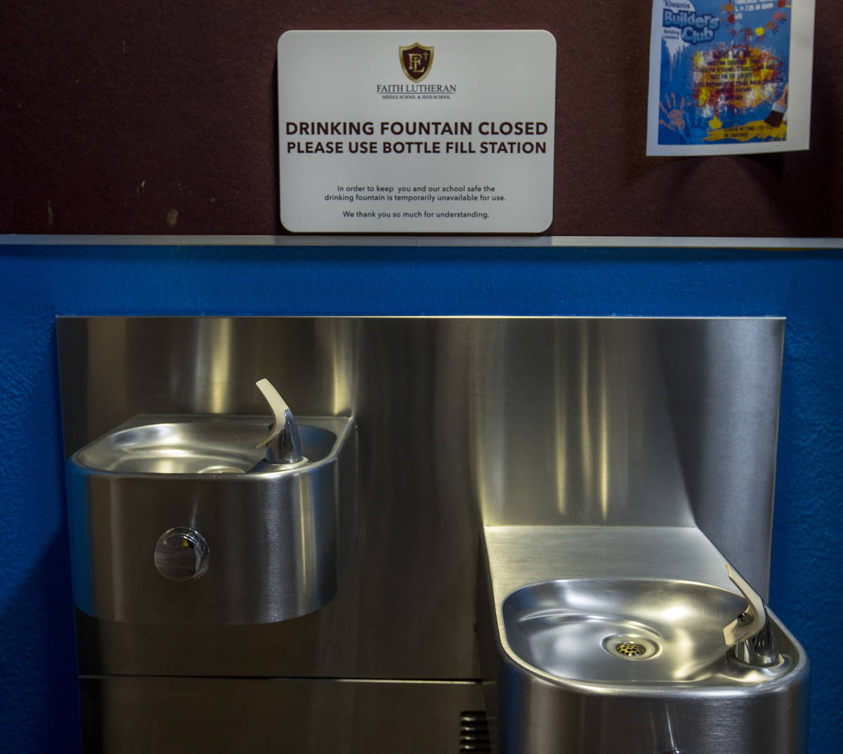 Drinking fountains are closed due to COVID-19 safety measures at Faith Lutheran Middle & Hi ...