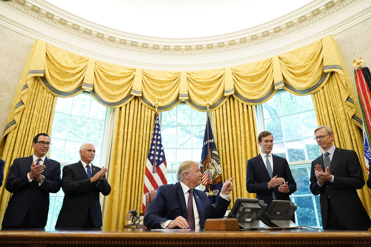 President Donald Trump speaks in the Oval Office of the White House on Friday, Sept. 11, 2020, ...