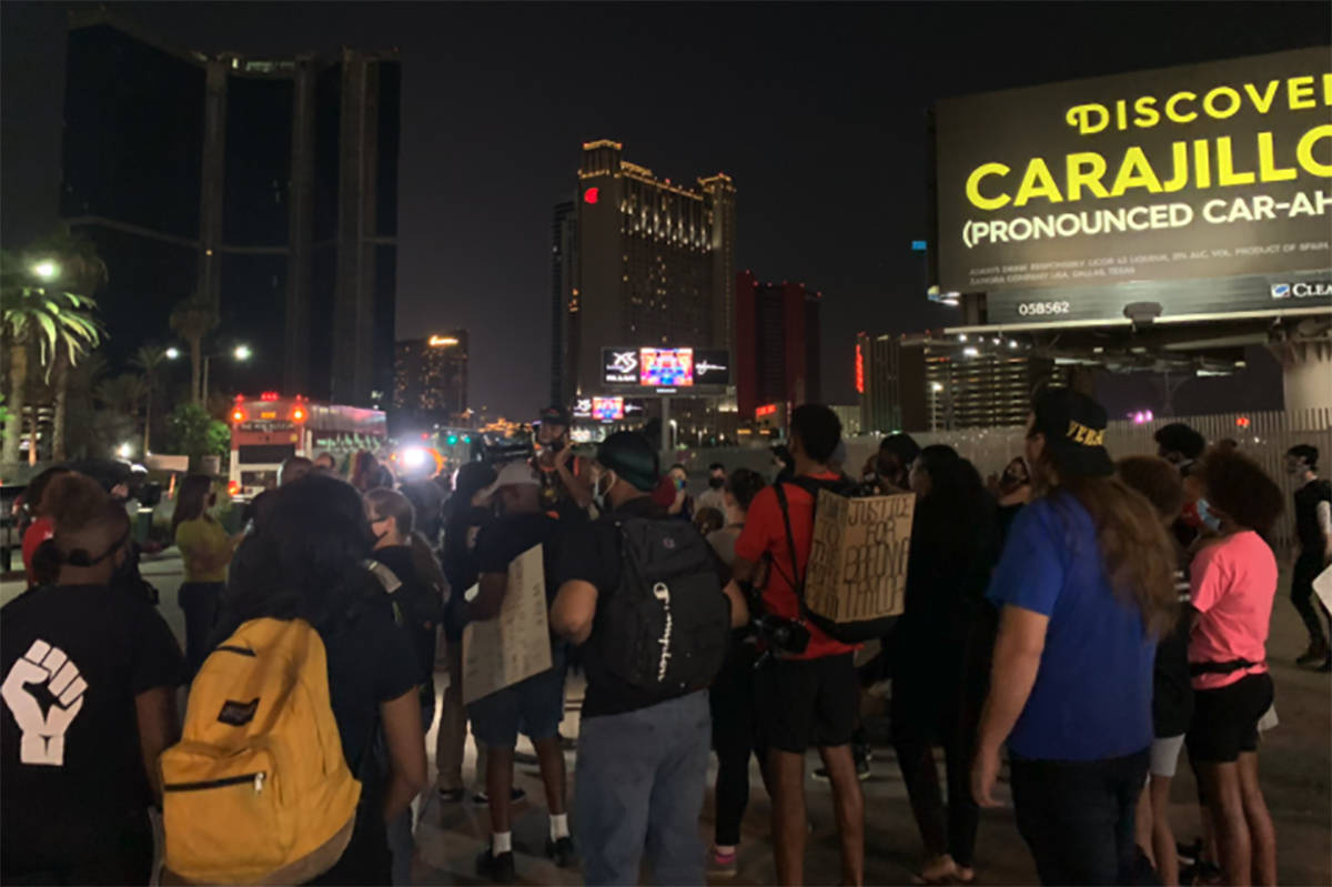 Protesters gather on the Las Vegas Strip on Thursday, Sept. 24, 2020, a day after the Breonna T ...