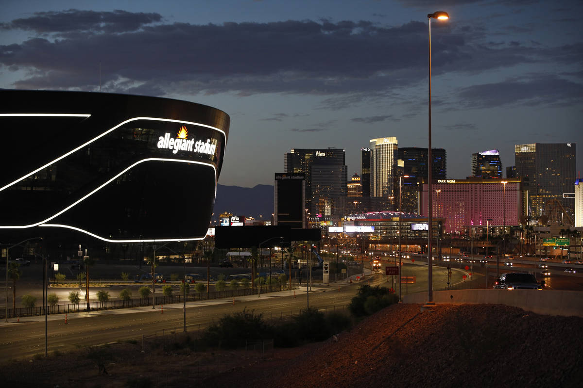 In this July 22, 2020, file photo, the sun sets behind Allegiant Stadium, home of the Las Vegas ...