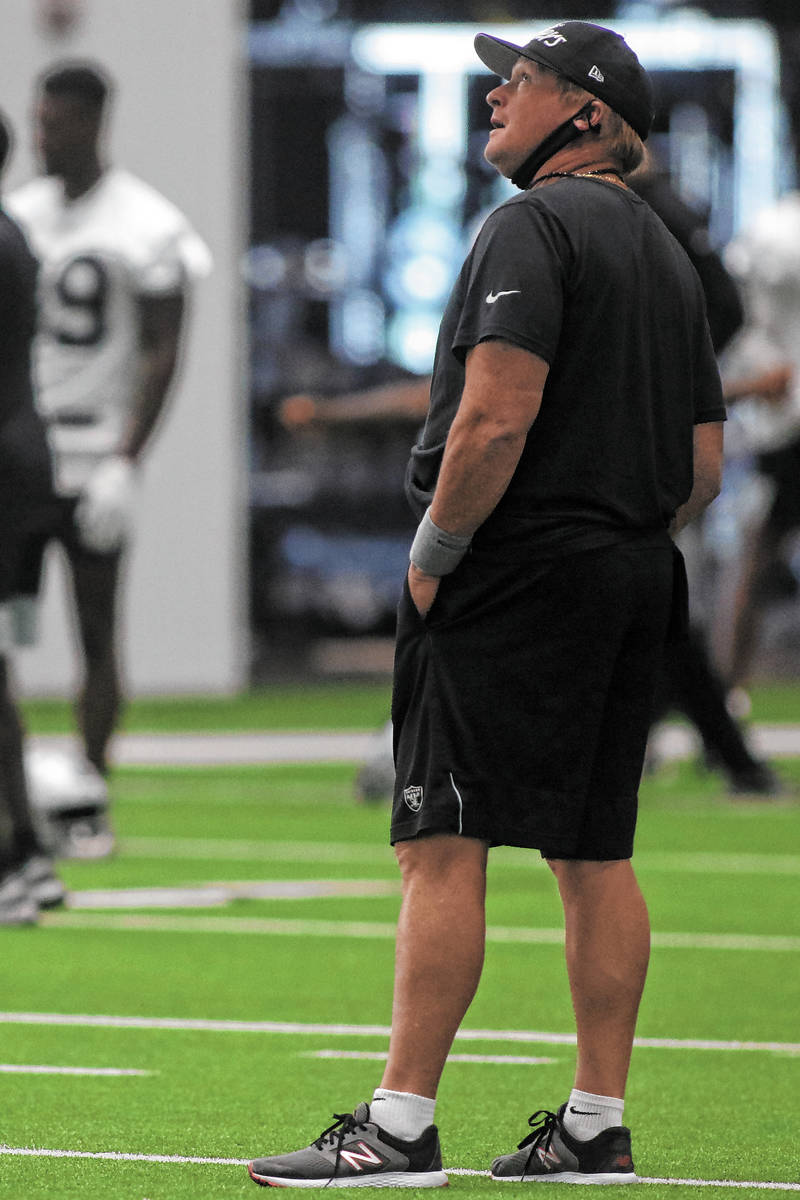 Las Vegas Raiders head coach Jon Gruden looks up during a practice session on Friday, Sept. 25, ...