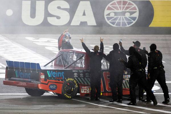 Austin Hill (16) wins the NASCAR Westgate 200 at Las Vegas Motor Speedway on Friday, Sept. 25, ...