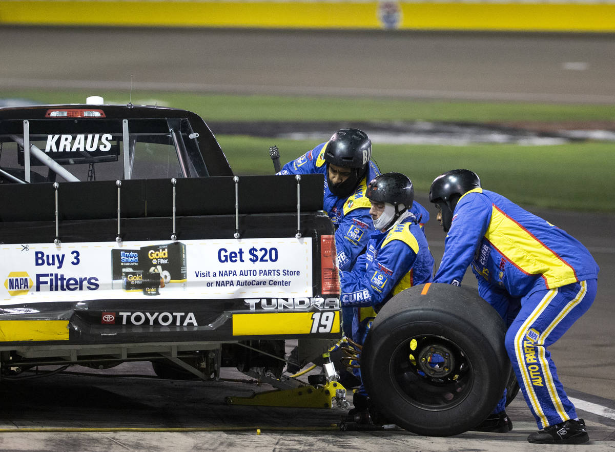 Derek Kraus (19) makes a pit stop during the NASCAR Westgate 200 at Las Vegas Motor Speedway on ...