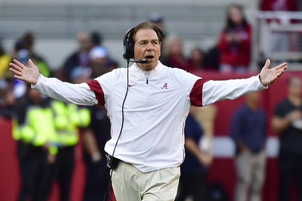 FILE - In this Nov. 9, 2019, file photo, Alabama coach Nick Saban reacts during the first half ...