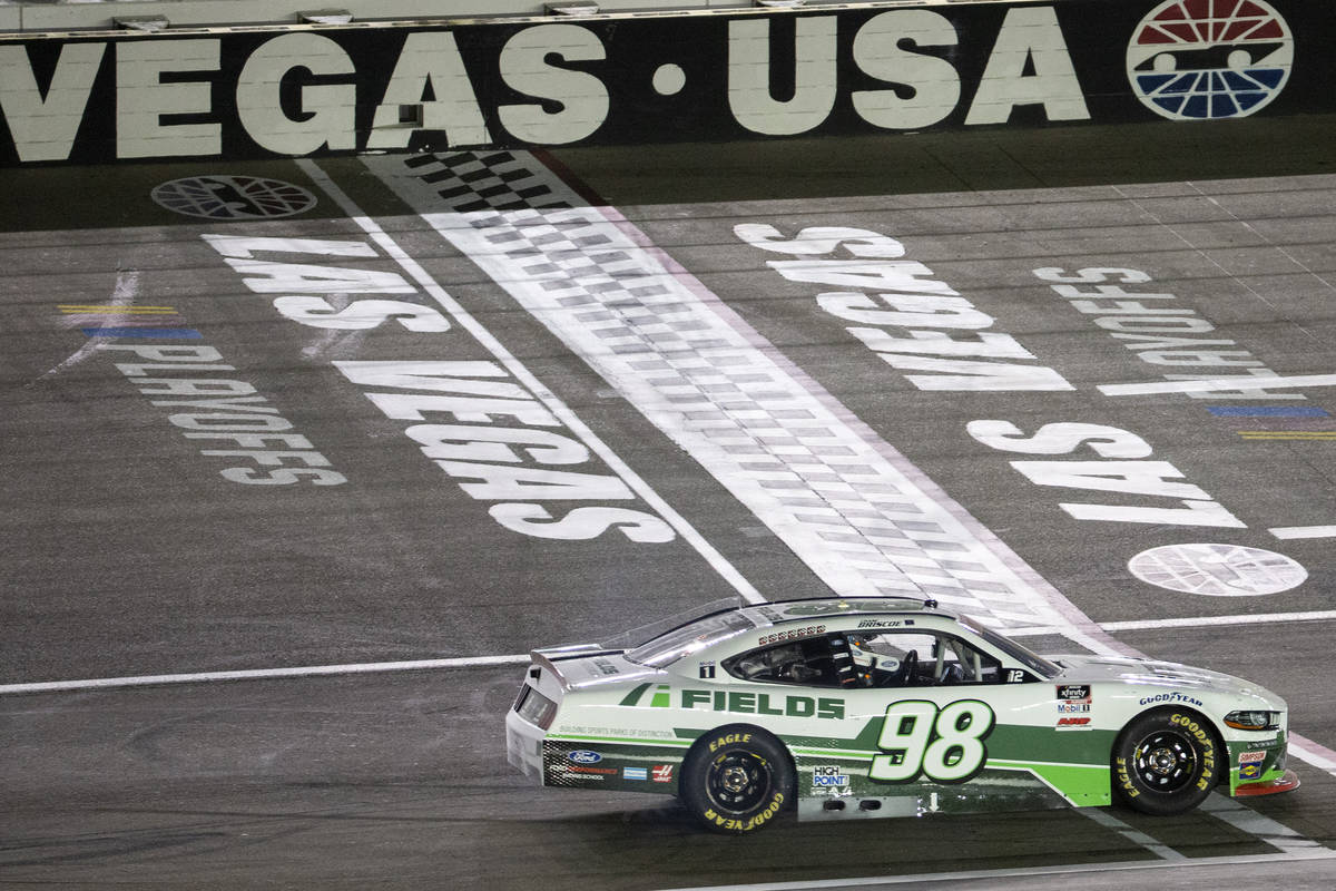 Chase Briscoe (98) wins the Alsco 300 during the NASCAR Xfinity Series auto race at Las Vegas M ...
