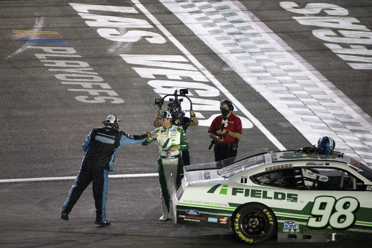 Chase Briscoe (98) is congratulated after winning the Alsco 300 during the NASCAR Xfinity Serie ...
