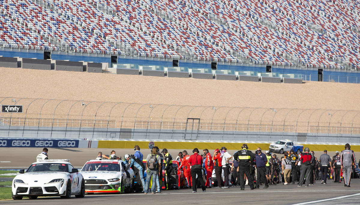 Racers line up before the Alsco 300 during the NASCAR Xfinity Series at Las Vegas Motor Speedwa ...
