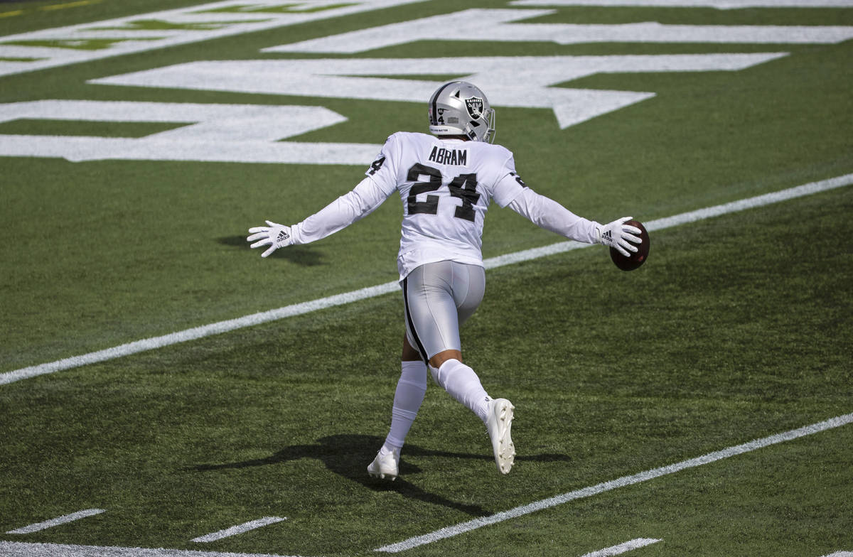 Las Vegas Raiders strong safety Johnathan Abram (24) celebrates after intercepting a pass in th ...