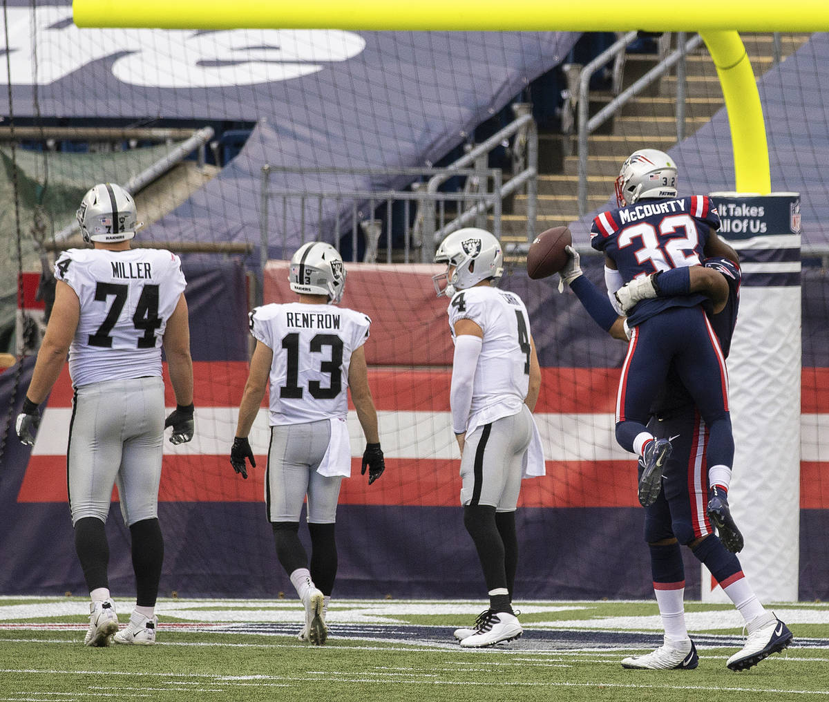 New England Patriots free safety Devin McCourty (32) celebrates with New England Patriots defen ...