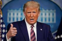 President Donald Trump gestures while speakings during a news conference at the White House, Su ...