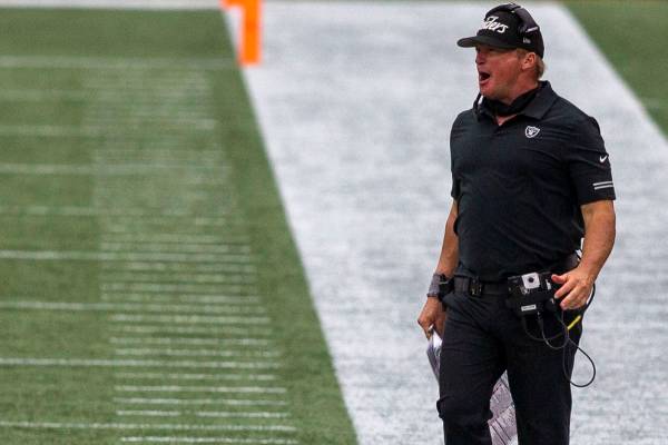Las Vegas Raiders head coach Jon Gruden shouts from the sideline during the 4th quarter of an N ...