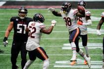 Chicago Bears strong safety Tashaun Gipson (38) celebrates his interception of Atlanta Falcons ...