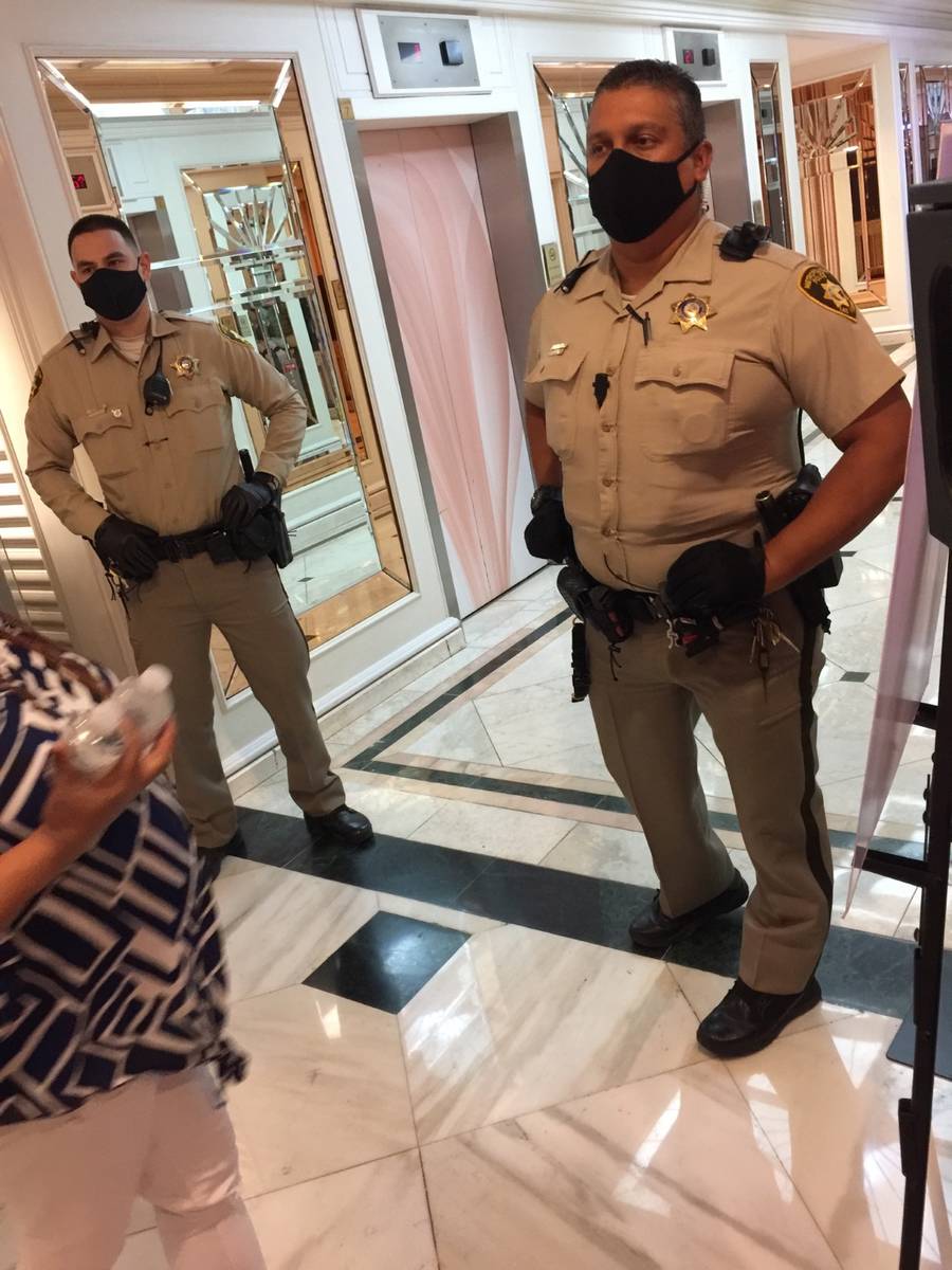 Las Vegas police secure an area during a lockdown inside the Flamingo on Monday, Sept. 28, 2020 ...