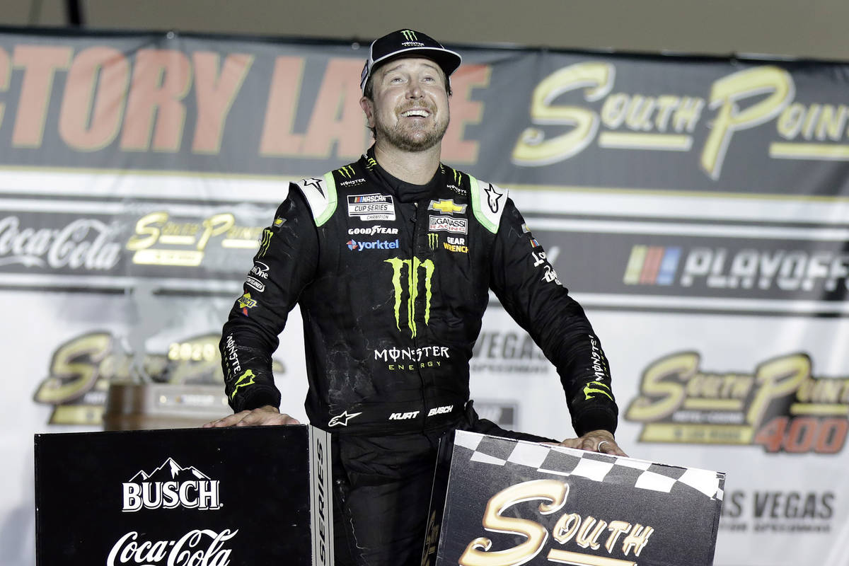 Kurt Busch celebrates after winning a NASCAR Cup Series auto race Sunday, Sept. 27, 2020, in La ...