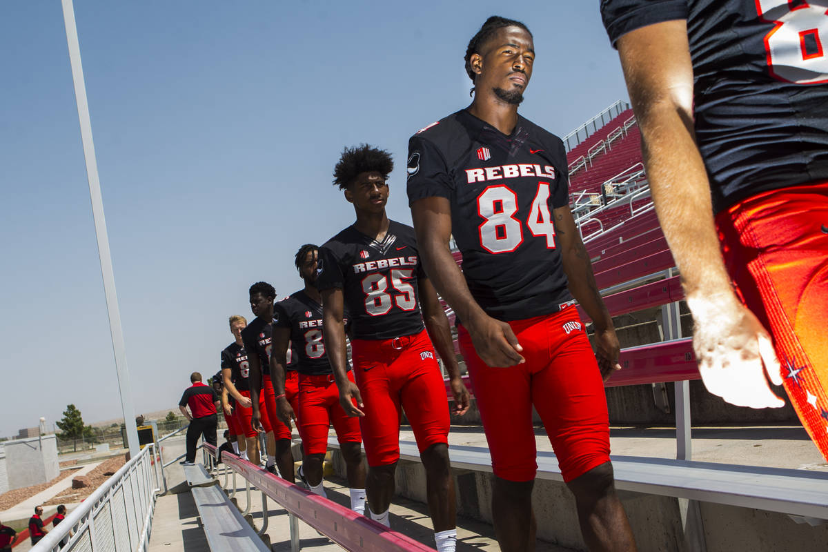 UNLV Rebels wide receiver Kendal Keys (84) lines up during UNLV football's photo day at Sam Boy ...