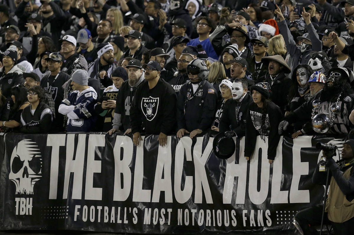 Fans watch from The Black Hole end zone at Oakland Alameda County Coliseum during the first hal ...