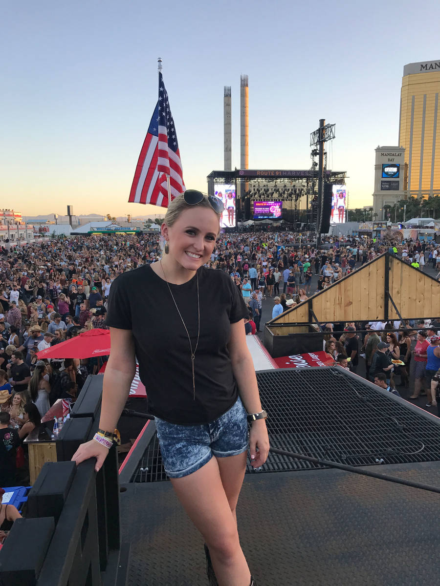 Taylor Eickenhorst, a survivor of the Route 91 Harvest music festival mass shooting, poses the ...