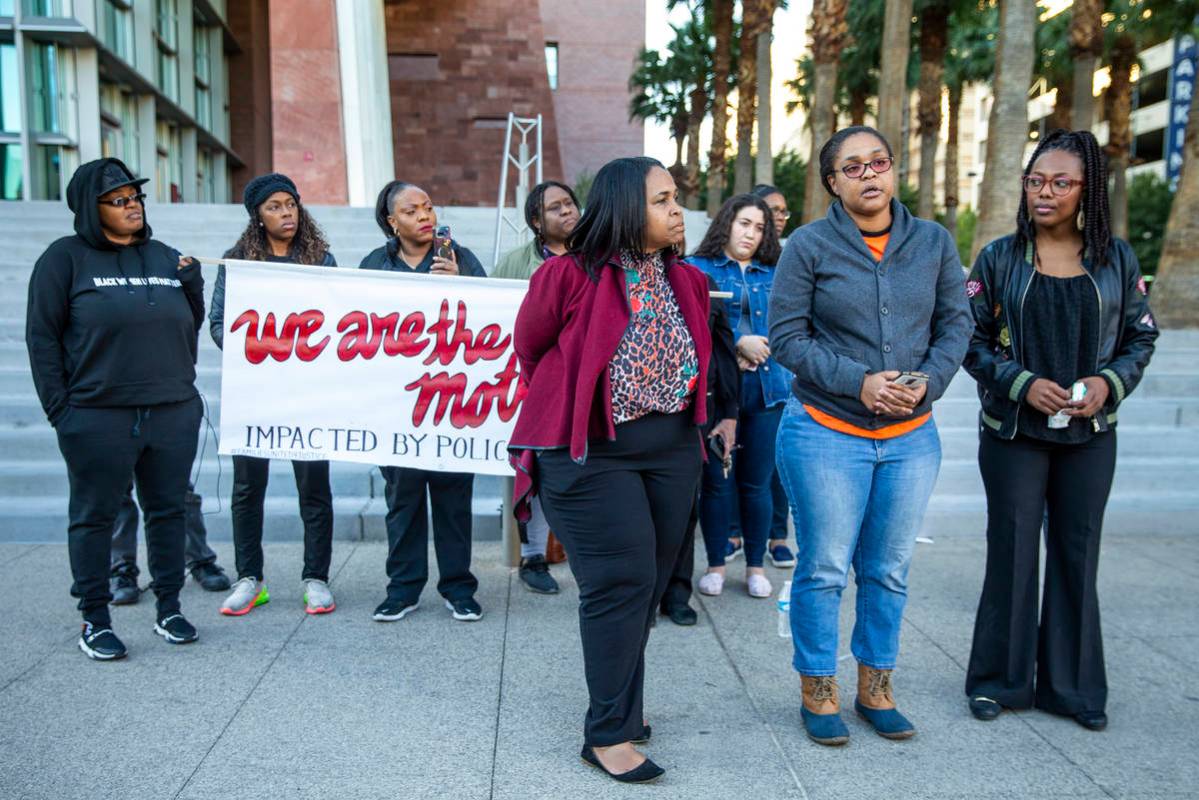 Kelly Williams, center, speaks during the National Day of Outrage rally in front of the Regiona ...