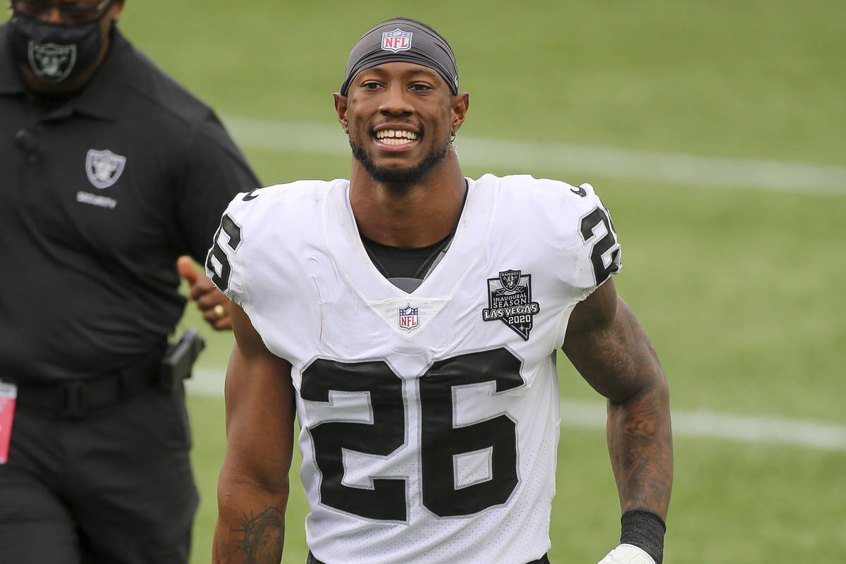 Las Vegas Raiders defensive back Nevin Lawson (26) following an NFL football game against the N ...