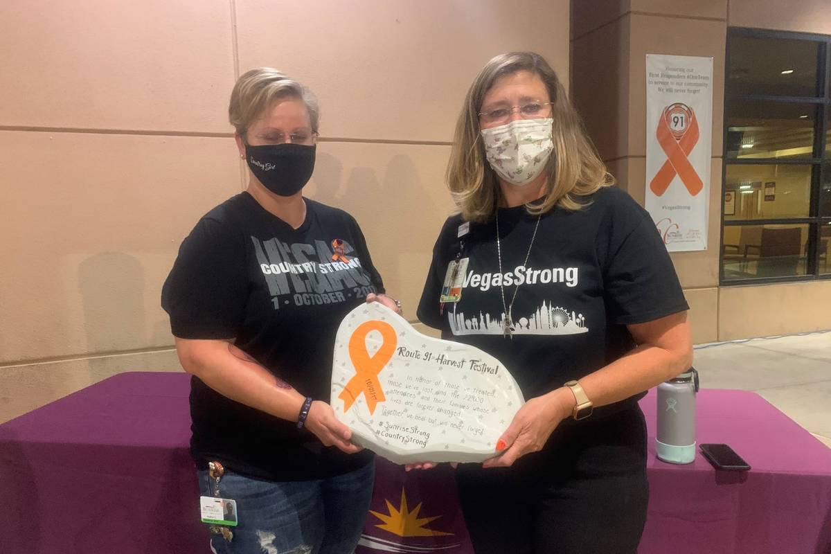 Las Vegas shooting survivor Nadine Lusmoeller and Sunrise Director of patient support Tracy Szy ...