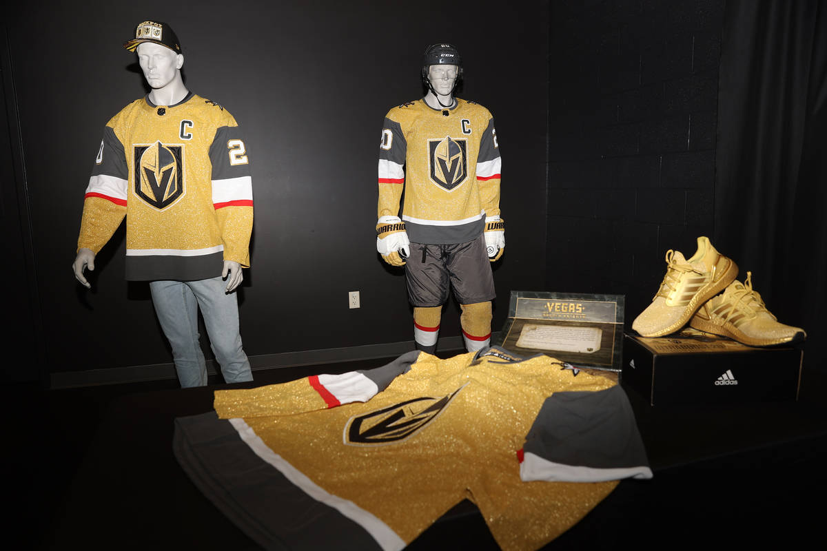 A message inside of a Vegas Golden Knights Adidas treasure chest which includes the team's thir ...