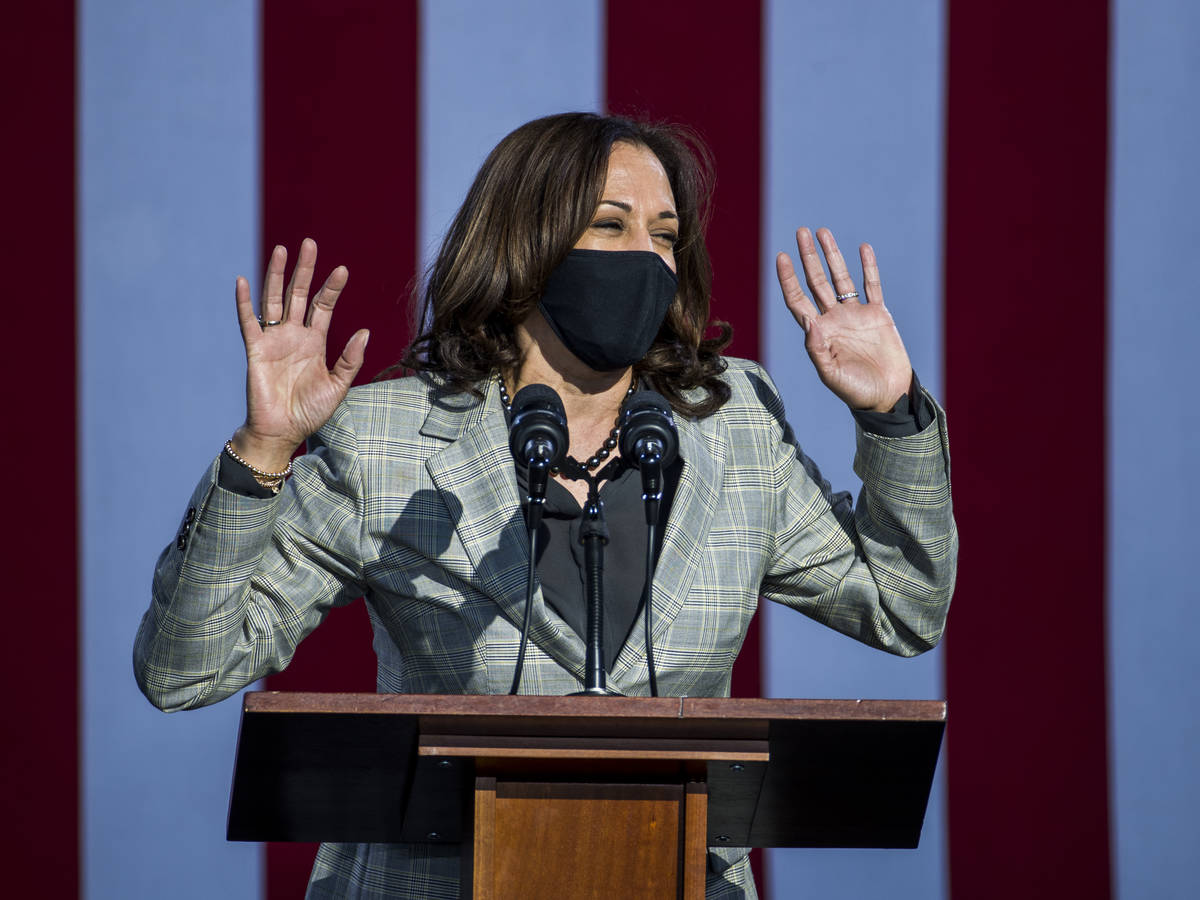 Democratic vice presidential nominee Kamala Harris talks about Nevada during a drive-in rally a ...