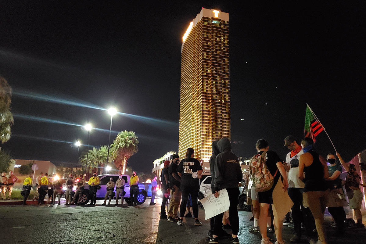 Protesters gather on the Las Vegas Strip on Friday, Oct. 2, 2020, to march for Jorge Gomez. Gom ...