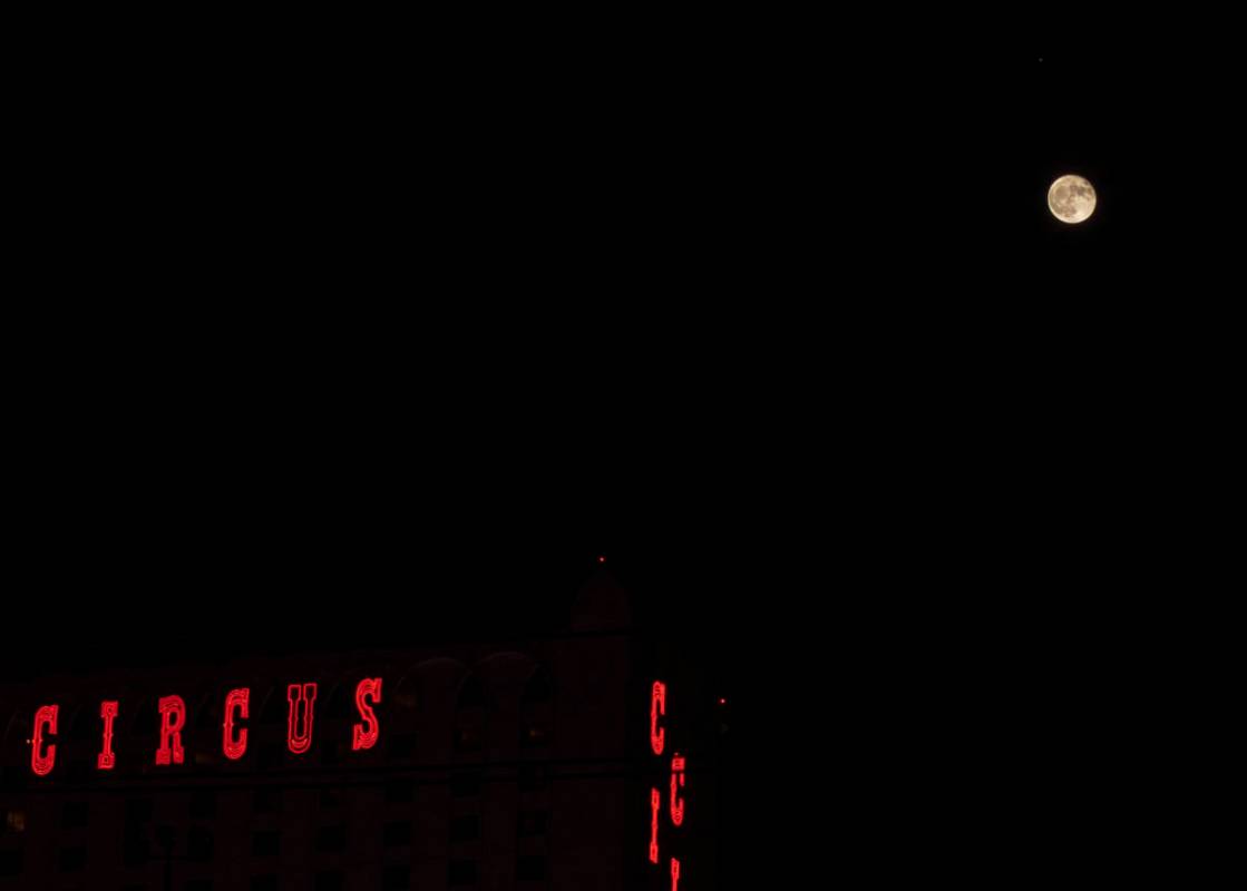 A glimpse of the moon and Mars seen above the Las Vegas Valley on Friday, Oct. 2, 2020. (Elizab ...